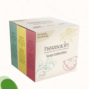 Geschenk-Set aus 3 Herbacin festen Seifen mit Kokosöl und pflanzlichen Glycerin in den Sorten Kamille, Grapefruit und Eukalyptus