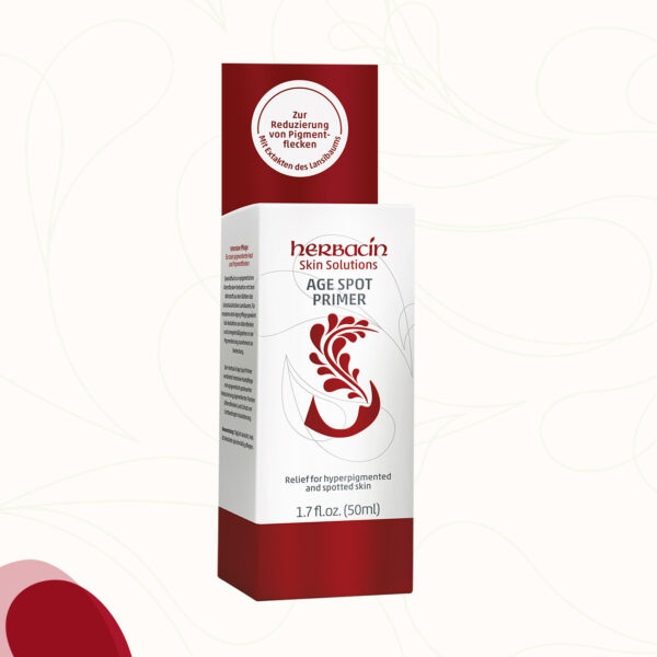 Herbacin Skin Solutions Age Spot Primer schützt und reduziert Pigementflecken mit Lansi-Baum-Extrakt, sanfte Hautpflege mit Aloe Vera, Kamille und Ringelblume im 50 ml Airless-Spender.