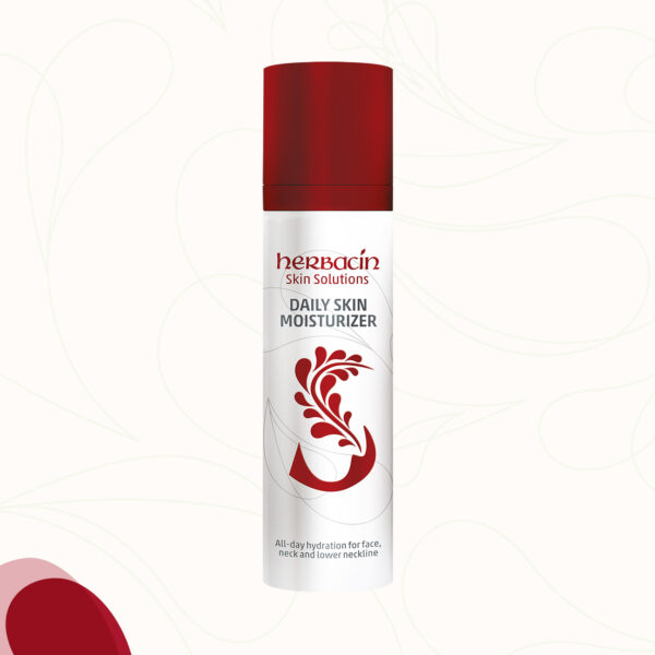 Herbacin Skin Solutions Daily Skin Moisturizer mit Aloe Vera, Kamille und Ringelblume sowie Hyaluronsäure, Inositol und Fucose-Biopolymer im 75 ml Spender.