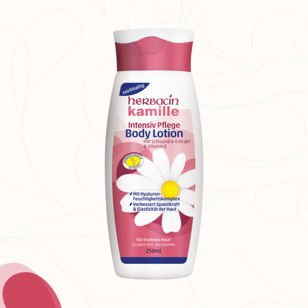 Reichhaltige Body Lotion mit Bio-Kamilleblüten-Extrakt, Aloe Vera, Hyaluronsäure und Schisandrabeere in der 250 ml Flasche