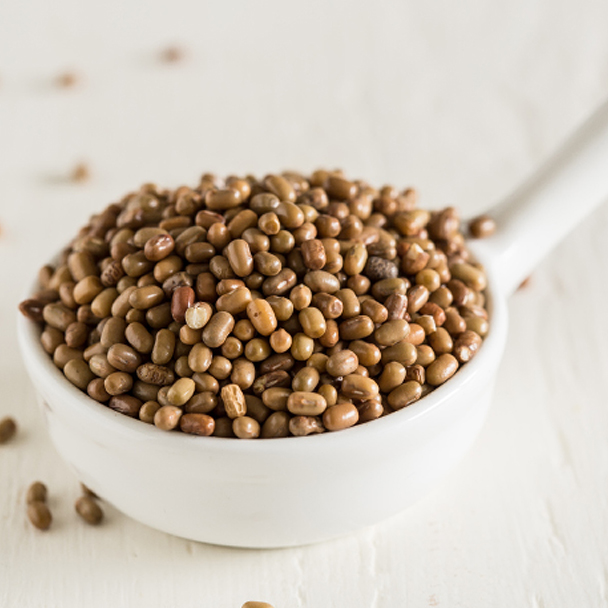 Mattenbohnensamen in einer weißen Keramikschale – natürliche Quelle für den hauterneuernden Wirkstoff Vigna Aconitifolia Seed Extract