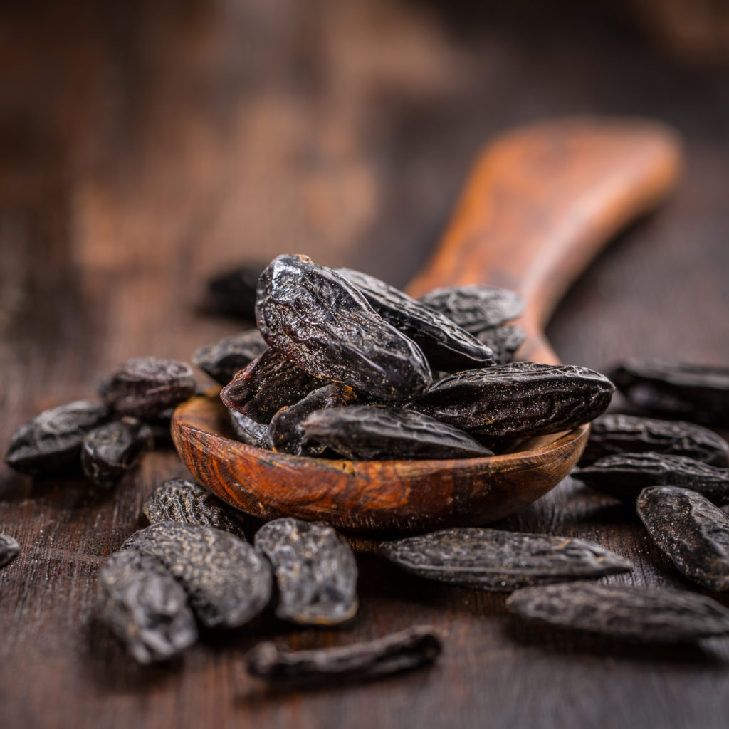 Getrocknete schwarze Tonkabohnen auf einem Holzlöffel – Quelle für Dipteryx Odorata Seed Extract.