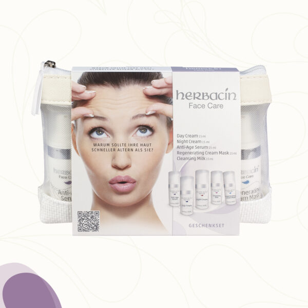 Das Herbacin Face Care Geschenkset besteht aus dem Herbacin Face Care Anti-Age Serum, der Herbacin Face Care Day Cream, der Herbacin Face Care Night Cream, der Herbacin Face Care Cleansing Milk und der Herbacin Face Care Regenerating Cream Mask jeweils im 15 ml Spender
