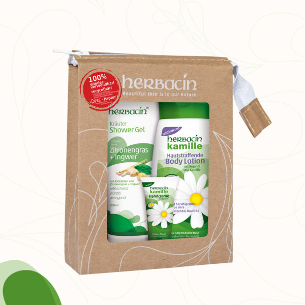 Das Herbacin Geschenkset Body Care besteht aus einer 200 ml Tube Herbacin Kräuter Shower Gel Zitronengras-Ingwer, einer 250 ml Flasche Herbacin hautstraffende Body Lotion sowie einer 20 ml Tube Herbacin Handcreme original