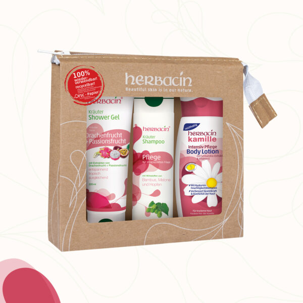 Das Herbacin Geschenkset-Body Care Fruity besteht aus einer 200 ml Tube Herbacin Kräuter Shower Gel Drachenfrucht-Passionsfrucht, einer 200 ml Flasche Herbacin Kräuter Shampoo Pflege und einer 250 ml Flasche Herbacin Intensiv Pflege Body Lotion
