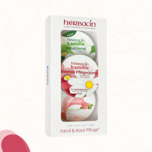 Herbacin Hand & Haut Pflege Geschenkset mit Herbacin Intensiv Pflegecreme, Herbacin Handcreme original und Herbacin Wellness Handcreme Wildrose in der praktischen 20 ml Dose.