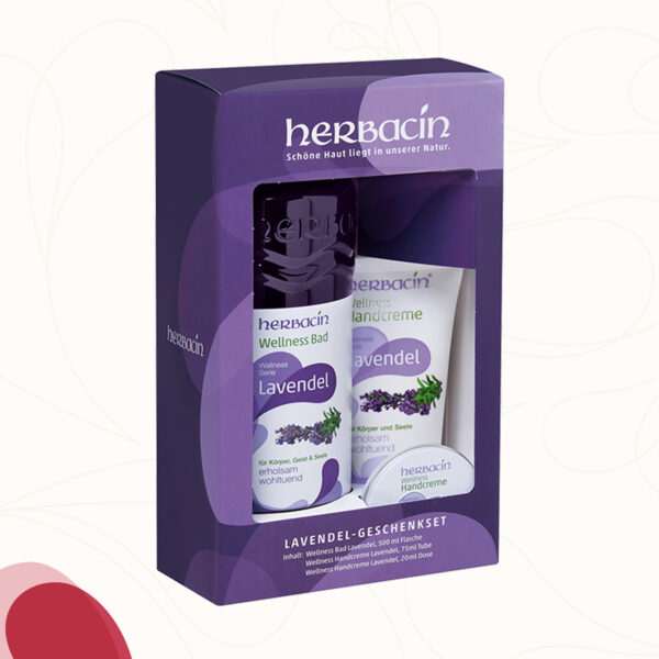 Das Herbacin Wellness-Geschenkset Lavendel besteht aus einem 500 ml Lavendel-Schaumbad aus der Herbacin Wellness Bad Serie sowie einer 75 ml Tube und einer 20 ml Dose der Herbacin Wellness Handcreme Lavendel