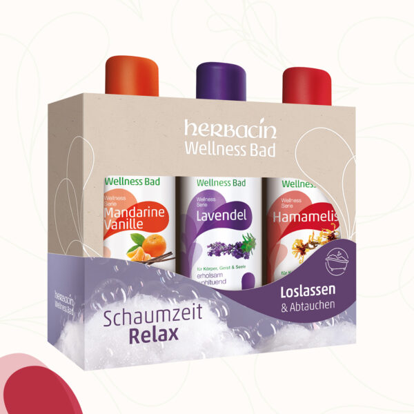 Das Bild zeigt 3 Herbacin Wellness Bäder im attraktiven Geschenkkarton