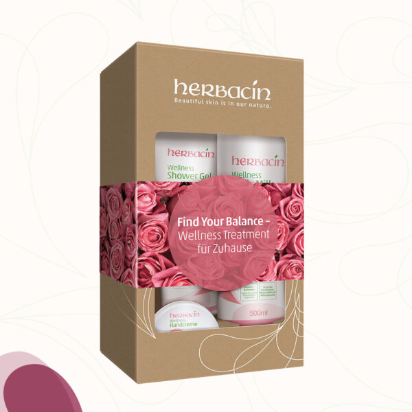 Herbacin Wellness-Geschenkset Find your Balance mit Shower Gel Wildrose, Body Milk Wildrose und Handcreme Wildrose