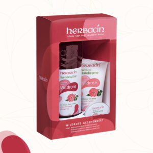 Das Herbacin Wellness-Geschenkset Wildrose besteht aus einem 500 ml Wildrose-Schaumbad aus der Herbacin Wellness Bad Serie sowie einer 75 ml Tube und einer 20 ml Dose der Herbacin Wellness Handcreme Wildrose