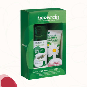 Das Herbacin Wellness-Geschenkset Latschenkiefer besteht aus einem 500 ml Latschenkiefer-Schaumbad aus der Herbacin Wellnes Bad Serie sowie einer 100 ml Tube Herbacin Handcreme original sowie einer 20 ml Tube der Herbacin Intensiv Pflegecreme