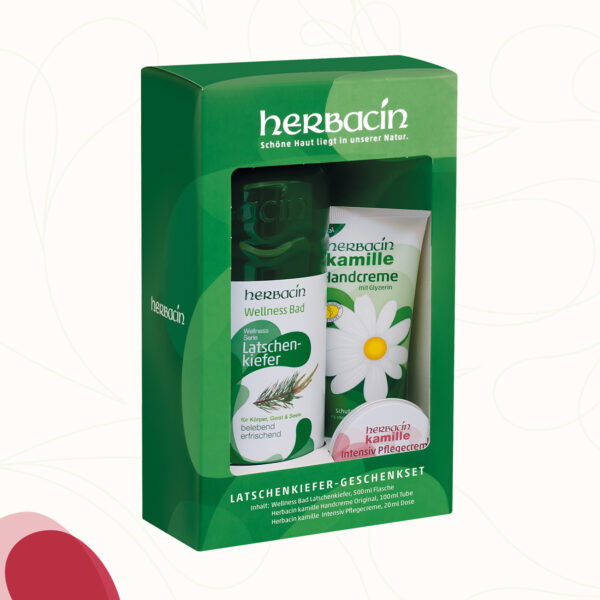 Das Herbacin Wellness-Geschenkset Latschenkiefer besteht aus einem 500 ml Latschenkiefer-Schaumbad aus der Herbacin Wellnes Bad Serie sowie einer 100 ml Tube Herbacin Handcreme original sowie einer 20 ml Tube der Herbacin Intensiv Pflegecreme