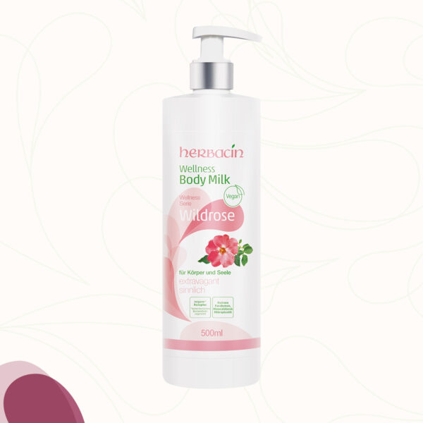Herbacin Body Milk Wildrose mit Hagebutten- und Wildrosenextrakt sowie Avocadoöl, Cupuacubutter, schnelleinziehend ohne zu kleben im 500 ml Pumpspender