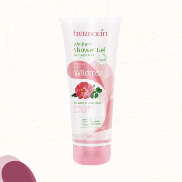 Herbacin Wellness Duschgel mit stimmungsaufhellenden Wildrosen-Duft und milder Pflegeformel, die auch für empfindliche Haut geeignet ist in der 200 ml Tube