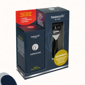 Das Herbacin for men Camouflage Geschenkset besteht aus einem hochwertigen Nassrasierer und einem 75 ml Pumpspender der Herbacin for men Speed Shaving Cream.