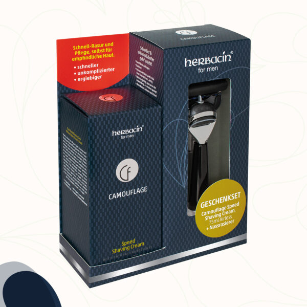 Das Herbacin for men Camouflage Geschenkset besteht aus einem hochwertigen Nassrasierer und einem 75 ml Pumpspender der Herbacin for men Speed Shaving Cream.