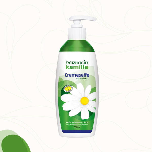 Milde Cremeseife mit natürlichen Kamillenblüten-Extrakt, Glycerin und Aloe Vera im 200 ml Pumpspender