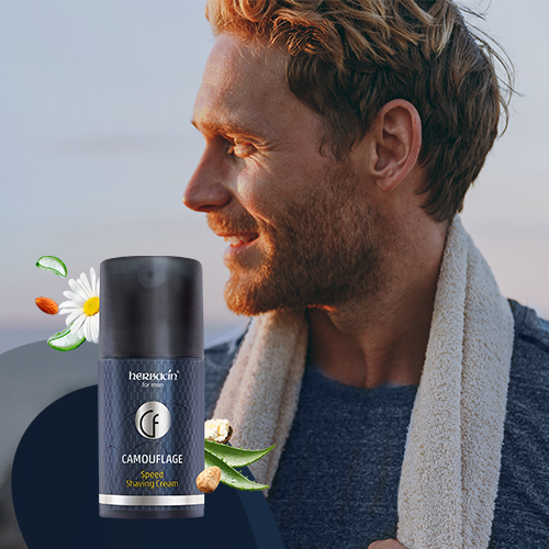 Mann mit Handtuch um den Hals blickt entspannt zur Seite; im Vordergrund die Herbacin Camouflage Speed Shaving Cream – effektive Rasierpflege mit natürlichen Inhaltsstoffen für Männerhaut.