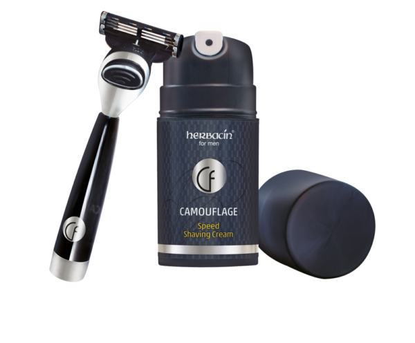 Herbacin CF-Rasierer mit Camouflage Speed Shaving Cream – modernes Rasur-Duo für schnelle, gründliche Nassrasur.