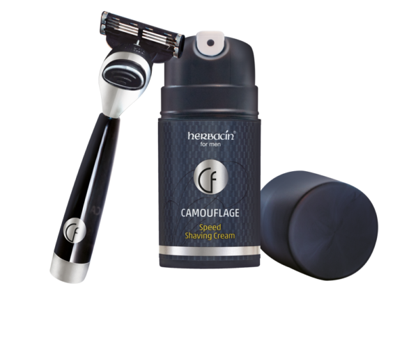 Herbacin CF-Rasierer mit Camouflage Speed Shaving Cream – modernes Rasur-Duo für schnelle, gründliche Nassrasur.