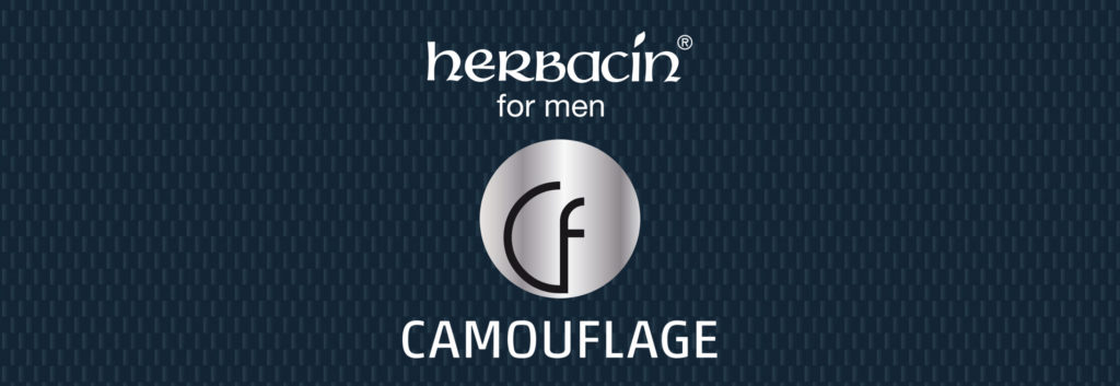 Header-Grafik mit dem Herbacin for men Camouflage Logo auf dunkelblauem Muster-Hintergrund zur Bewerbung des Gewinnspiels.