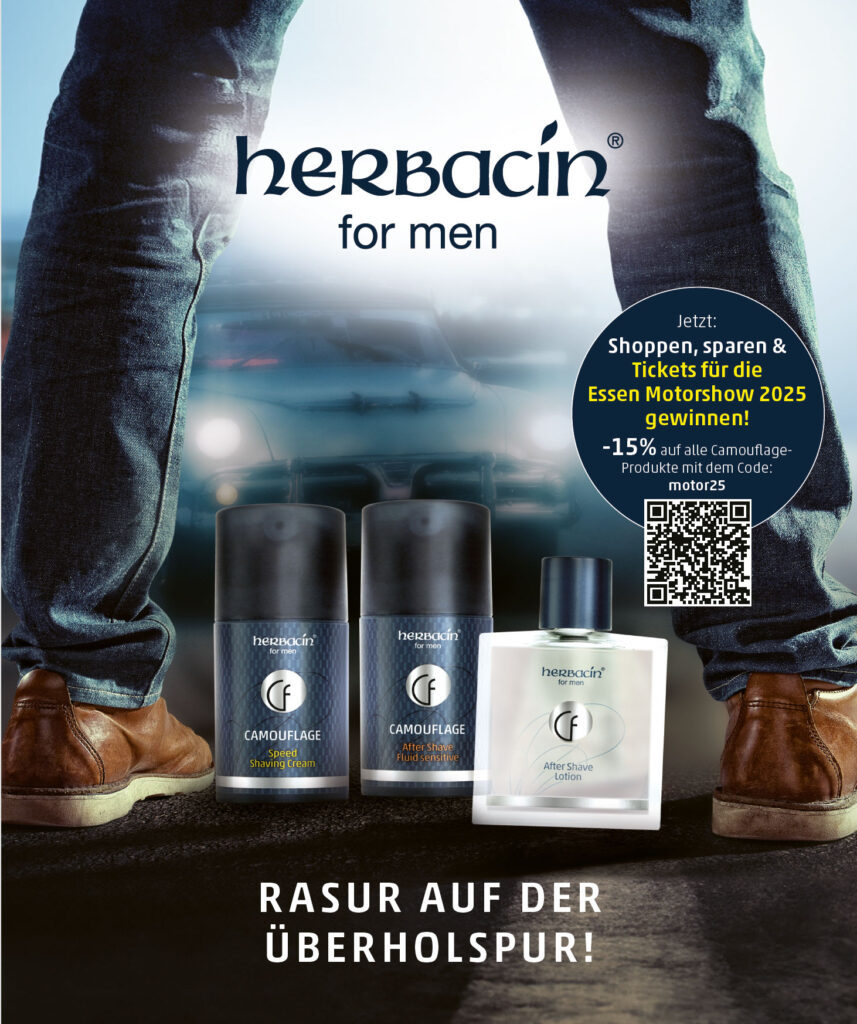 Herbacin Camouflage Rasurprodukte für Männer mit Auto im Hintergrund und Hinweis auf -15 % Rabatt und Gewinnchance zur Essen Motorshow 2025.