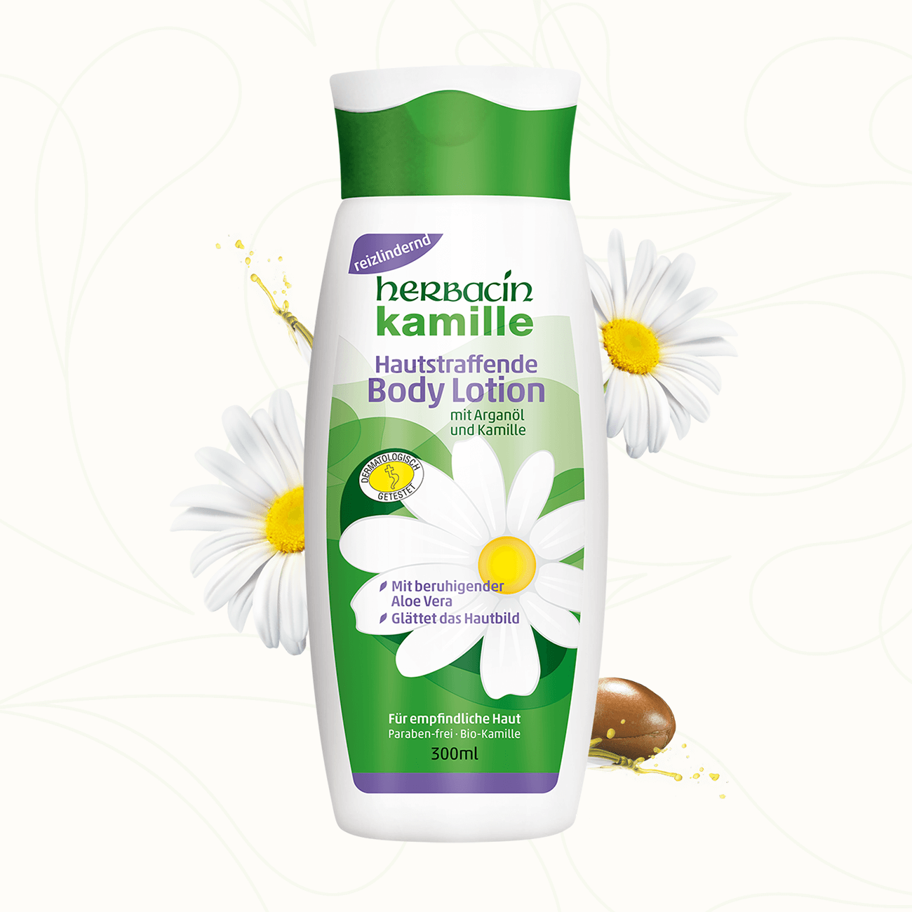 Herbacin Kamille hautstraffende Body Lotion mit Arganöl und Aloe Vera für empfindliche Haut – glättet das Hautbild
