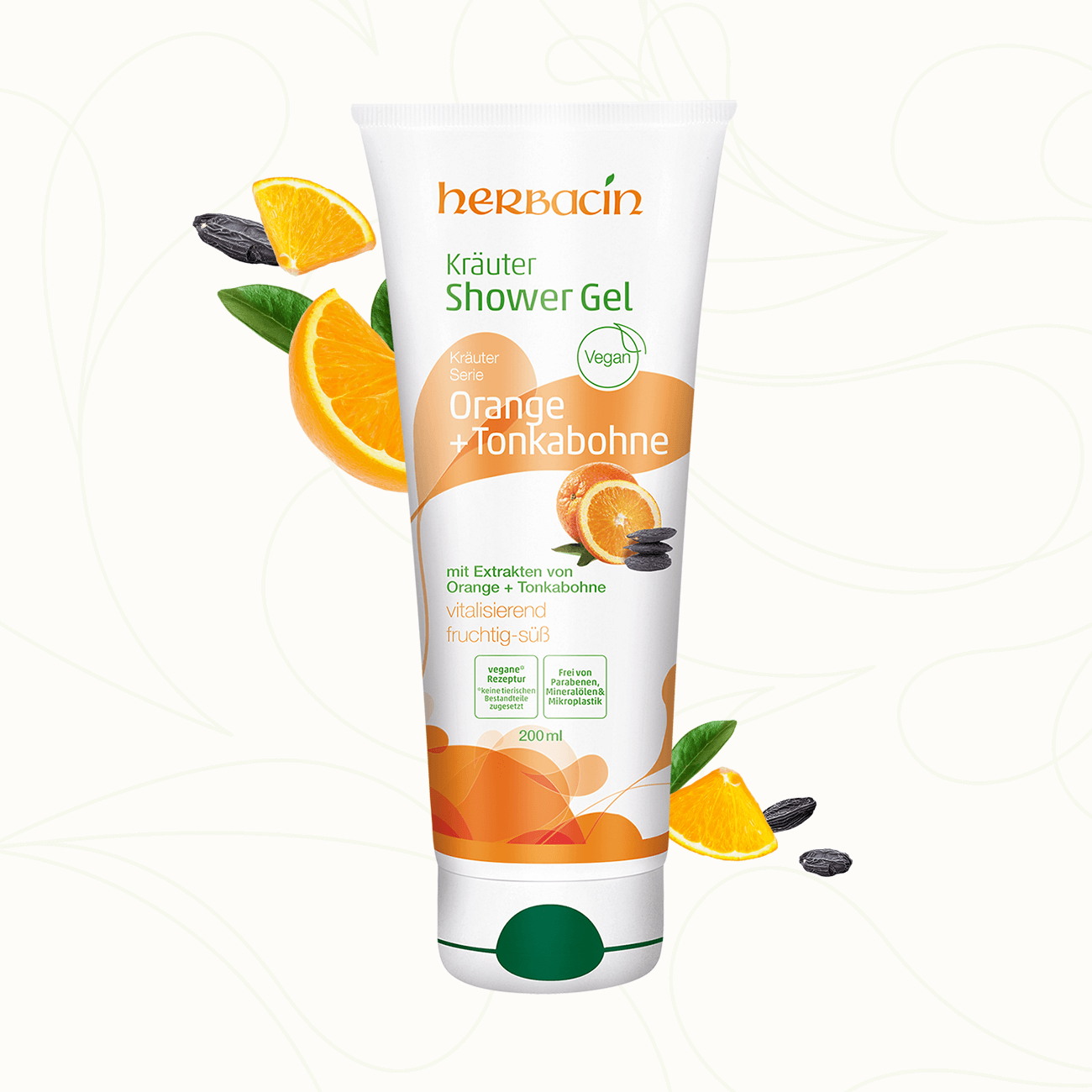 Herbacin Kräuter Shower Gel Orange + Tonkabohne in weißer Tube mit fruchtig-süßem Design, umgeben von Orangenscheiben, Tonkabohnen und grünen Blättern – vitalisierendes, veganes Duschgel ohne Parabene