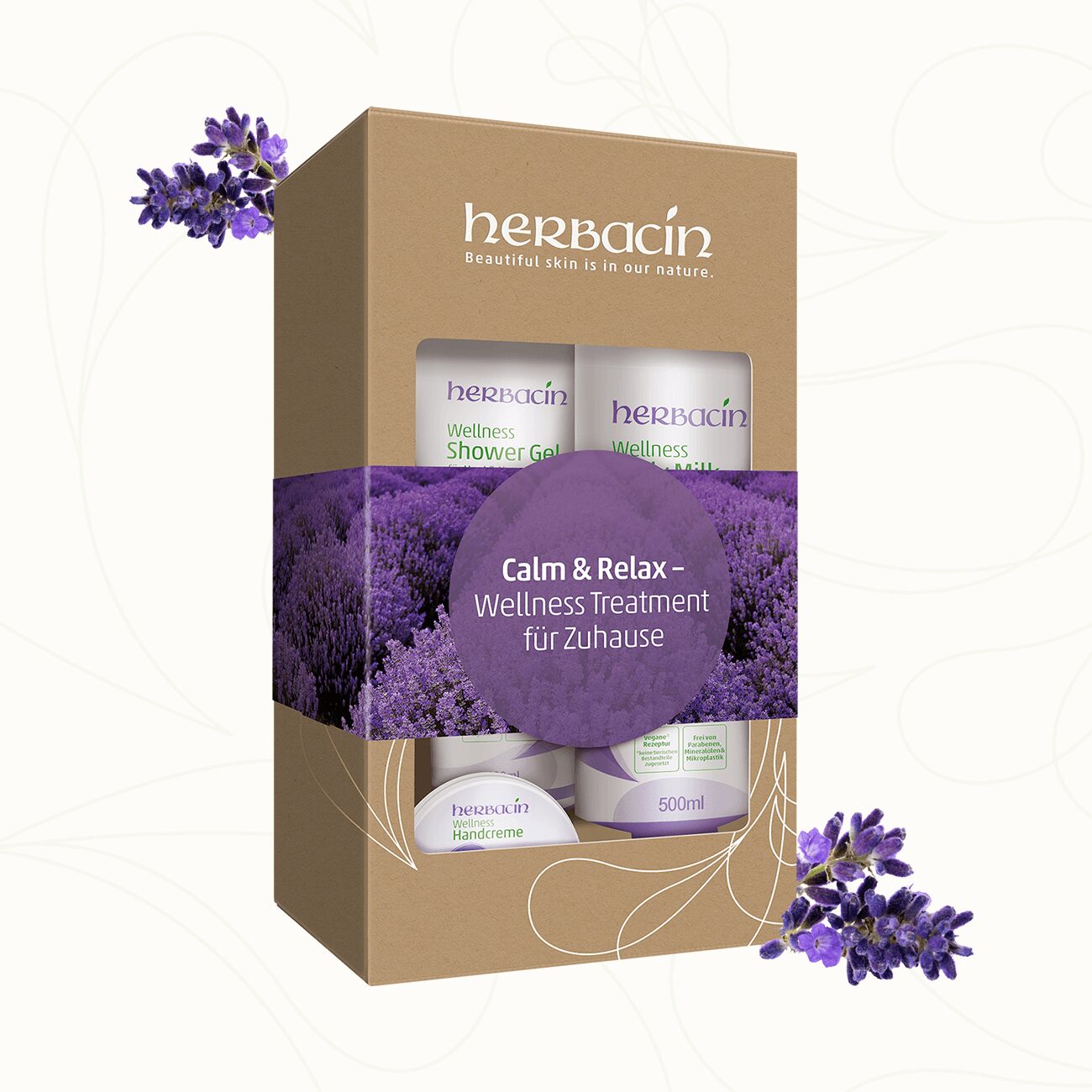 Herbacin Geschenkset Calm & Relax – Wellnessbehandlung für Zuhause mit Lavendel, bestehend aus Shower Gel, Body Milk und Handcreme in dekorativer Verpackung.
