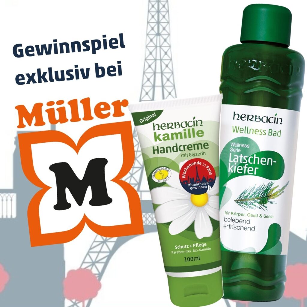 Auf diesem Bild sieht man die Aktionspackungen für das Gewinnspiel von Herbacin in Kooperation mit MÜLLER